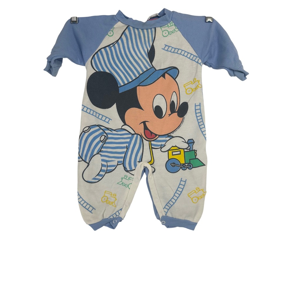 Vintage Disney Babies Mickey Mouse Train Romper Blue White 12 Months 1984 80s